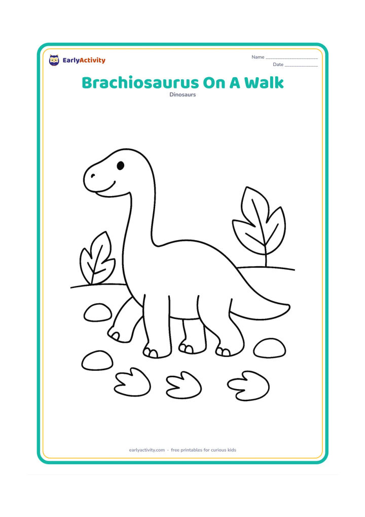 Colouring page: A friendly brachiosaurus walks from left to right with one front leg raised, its long tail extending behind it. Place a few oversized leaves, round rocks and simple footprints along the…