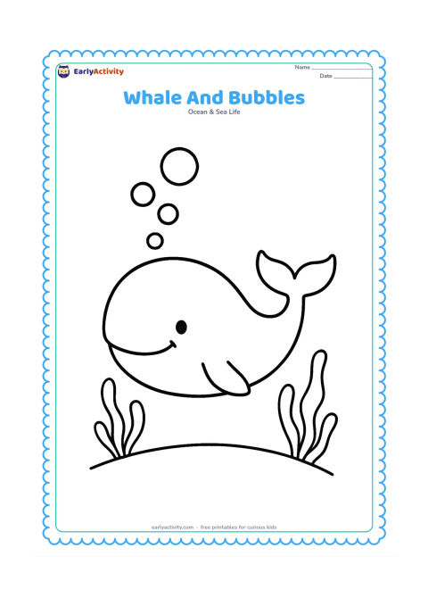 Colouring page: Place a smiling-looking whale beneath the surface with several large round bubbles rising above its blowhole. Add a simple curved seabed and two large sea plants.