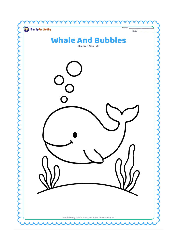 Colouring page: Place a smiling-looking whale beneath the surface with several large round bubbles rising above its blowhole. Add a simple curved seabed and two large sea plants.