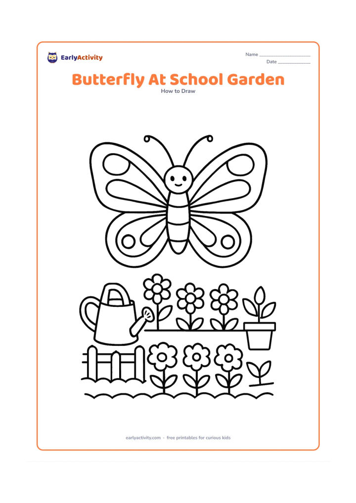 Worksheet: Show a butterfly above a small garden bed with rows of flowers, a watering can, a low fence and two simple potted plants. Give the butterfly broad wings divided into easy stripes and spots.