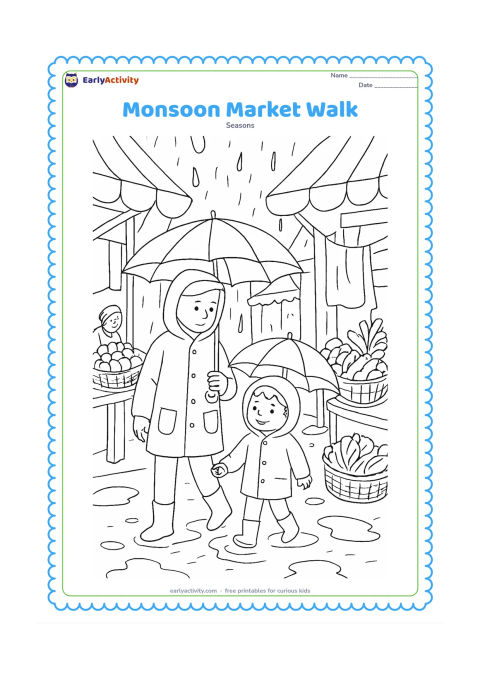 Colouring page: An adult and child walk through a covered Indian market lane with umbrellas and raincoats while vendors protect baskets of vegetables from the rain. Add puddles, awnings, hanging plain…