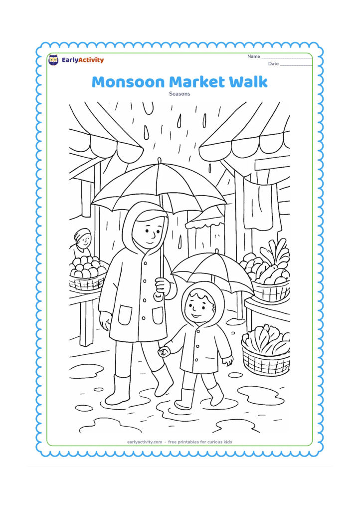 Colouring page: An adult and child walk through a covered Indian market lane with umbrellas and raincoats while vendors protect baskets of vegetables from the rain. Add puddles, awnings, hanging plain…