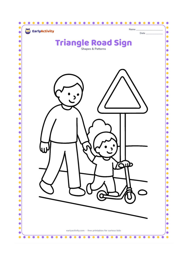 Colouring page: A child and adult walk beside a quiet road with a large empty triangular roadside sign shape on a post. Add a scooter, a tree, and simple roadside stones without putting any symbol or…