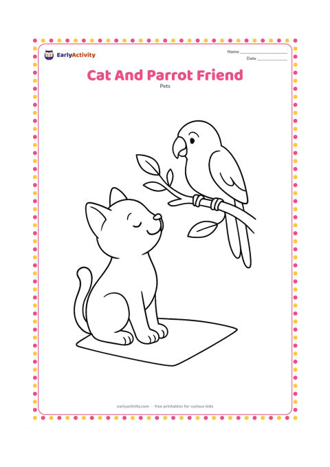 Colouring page: Draw a seated cat looking peacefully at a parrot perched on a low branch, with a few leaves and a small floor mat below. Keep both animals separate and friendly.