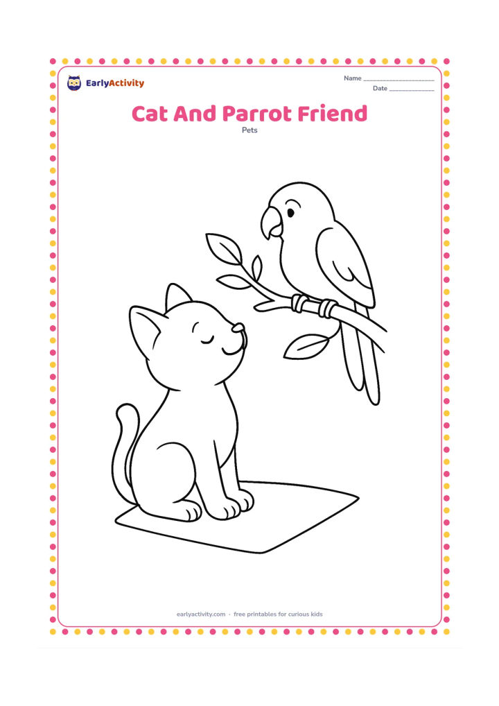 Colouring page: Draw a seated cat looking peacefully at a parrot perched on a low branch, with a few leaves and a small floor mat below. Keep both animals separate and friendly.