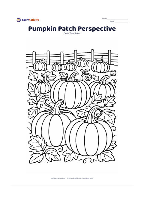 Worksheet: A detailed pumpkin patch has large foreground pumpkins, smaller pumpkins receding toward a low fence, layered leaves, and curling vines. Keep each pumpkin section clearly outlined for…