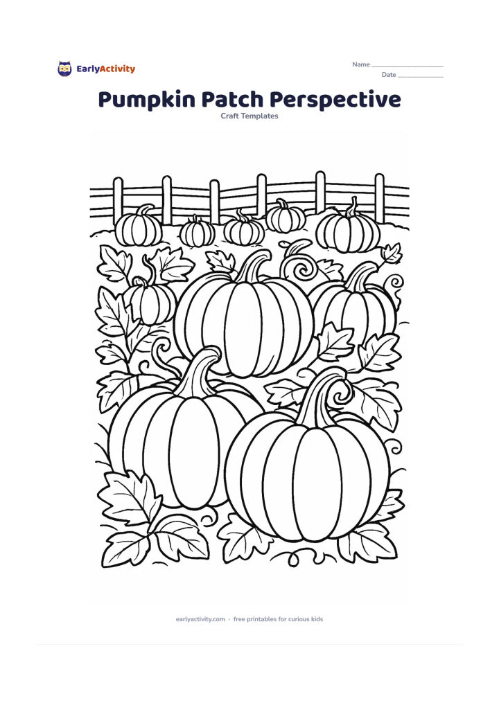 Worksheet: A detailed pumpkin patch has large foreground pumpkins, smaller pumpkins receding toward a low fence, layered leaves, and curling vines. Keep each pumpkin section clearly outlined for…