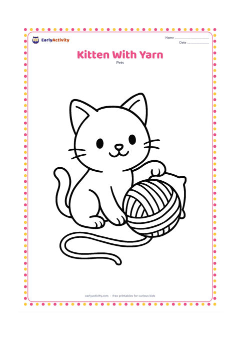 Colouring page: A kitten sits while batting one oversized ball of yarn, with a single loose curved strand across the floor. Add a small cushion behind it.