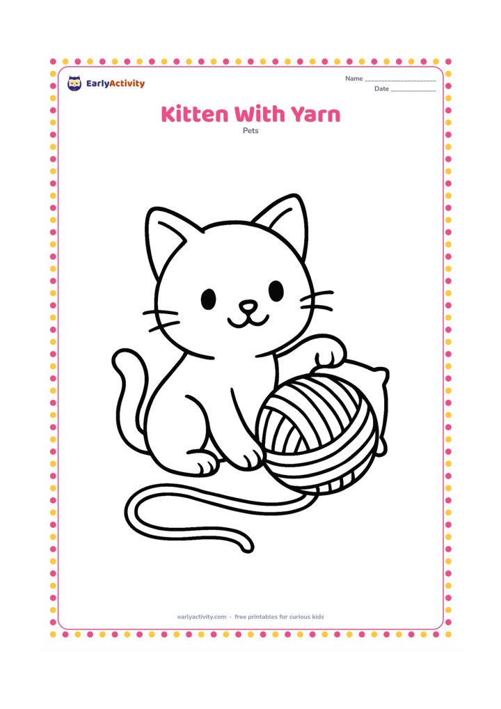 Colouring page: A kitten sits while batting one oversized ball of yarn, with a single loose curved strand across the floor. Add a small cushion behind it.