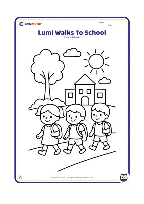 Colouring page: Lumi walks along a safe path with two classmates, carrying a school bag, while a leafy tree and a simple school building appear behind them. Add a sun and a few clouds.