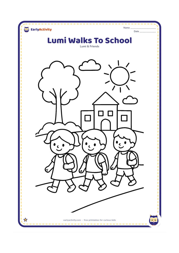Colouring page: Lumi walks along a safe path with two classmates, carrying a school bag, while a leafy tree and a simple school building appear behind them. Add a sun and a few clouds.