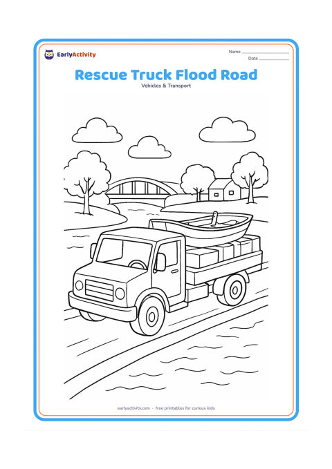 Colouring page: A rescue truck drives carefully along a raised road beside shallow floodwater, carrying a small boat and supplies, with trees, a bridge and a distant house. Show calm water ripples and…