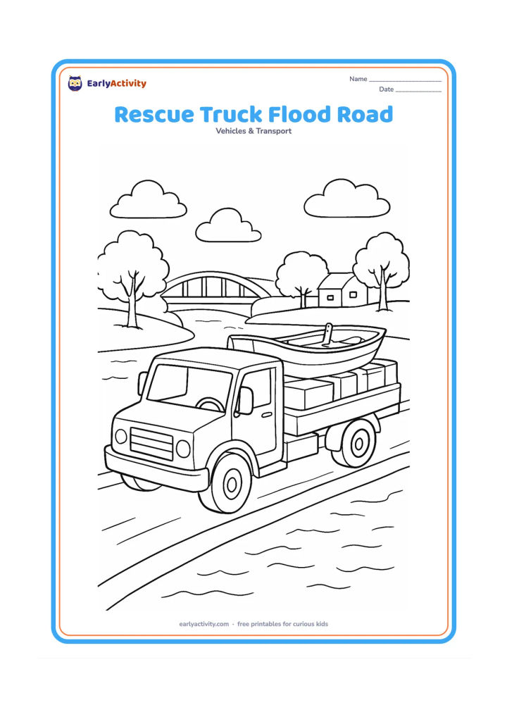 Colouring page: A rescue truck drives carefully along a raised road beside shallow floodwater, carrying a small boat and supplies, with trees, a bridge and a distant house. Show calm water ripples and…