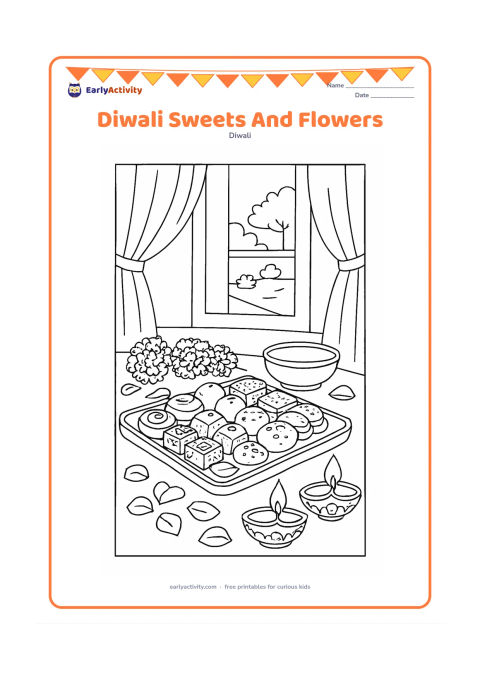 Colouring page: A richly arranged festive still life shows a tray of assorted Indian sweets, marigold flowers, rose petals, a brass bowl and two decorated diyas on a low table. Include a window with…