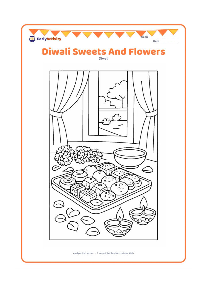 Colouring page: A richly arranged festive still life shows a tray of assorted Indian sweets, marigold flowers, rose petals, a brass bowl and two decorated diyas on a low table. Include a window with…