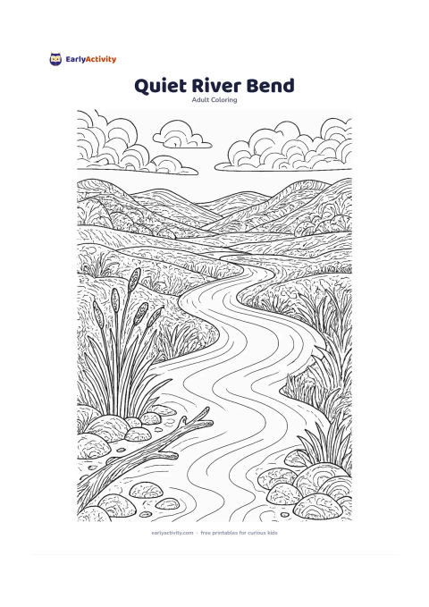 Colouring page: A calm river bends through a grassy valley toward distant hills, with smooth foreground stones, reeds along the bank, a fallen branch and soft clouds overhead. Make the river lead the…