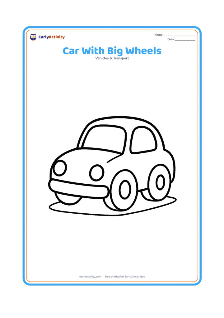 Colouring page: Draw a playful small car in three-quarter front view, featuring two oversized front wheels, a rounded bonnet, large windshield and two headlights. Add only a low strip of ground beneath it.