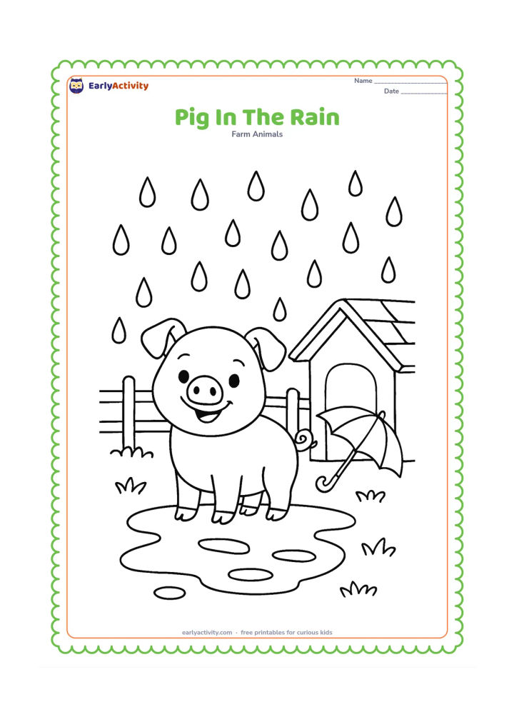 Colouring page: A pig stands happily in a farmyard during a gentle rain shower, with large raindrops, a puddle, a small shelter and a fence. Add one umbrella resting near the shelter, with no person…