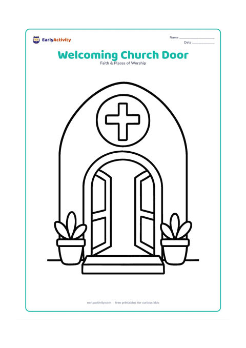 Colouring page: A close view of a church entrance with two open doors, a rounded doorway, a cross-shaped window above it, two potted plants, and a short step.