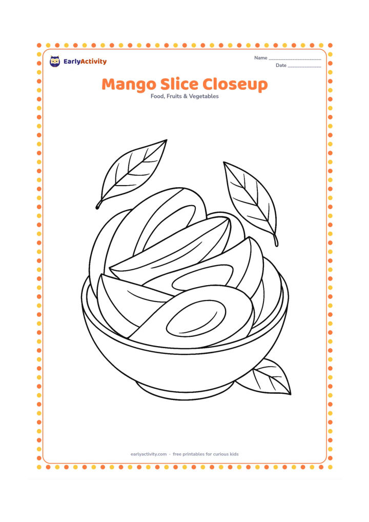 Colouring page: Show several overlapping mango slices in a bowl, with visible juicy flesh, curved edges, a large seed and leaves around the bowl.