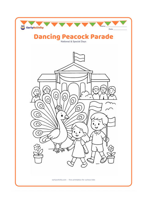 Colouring page: Draw a peacock with its tail spread as part of a school Republic Day parade, while two children walk beside it carrying small flags on poles. Add a decorated school entrance, flower pots…