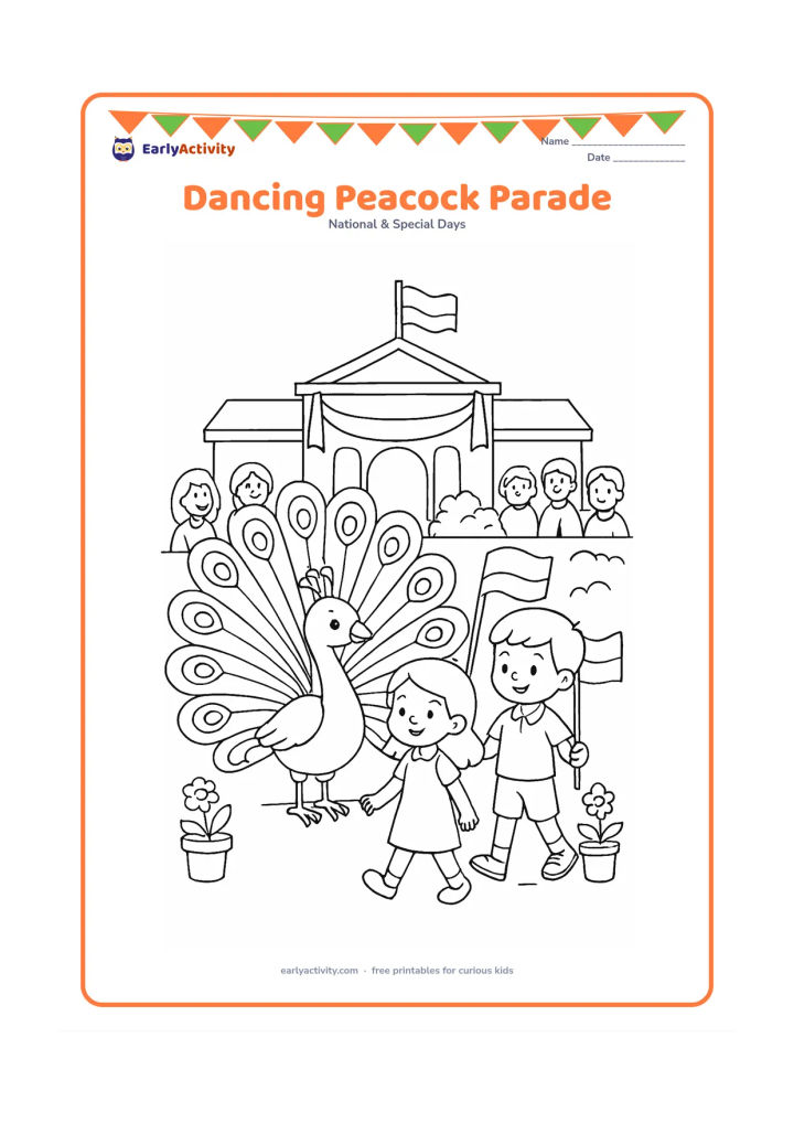 Colouring page: Draw a peacock with its tail spread as part of a school Republic Day parade, while two children walk beside it carrying small flags on poles. Add a decorated school entrance, flower pots…