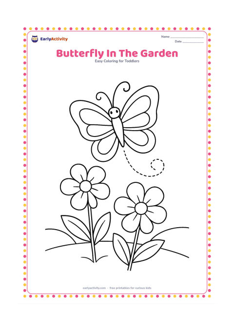 Colouring page: Draw a butterfly hovering above a flowering plant, with symmetrical wings, a curled flight path and two large flowers below. Add three broad leaves and a distant curved garden border.