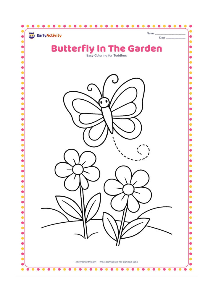 Colouring page: Draw a butterfly hovering above a flowering plant, with symmetrical wings, a curled flight path and two large flowers below. Add three broad leaves and a distant curved garden border.