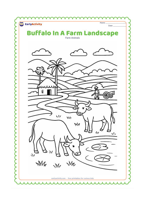 Colouring page: Draw two buffaloes in a broad Indian countryside scene, one grazing and one standing near a pond. Include terraced fields, a thatched hut, palm trees, a farmer, a cart and distant hills.