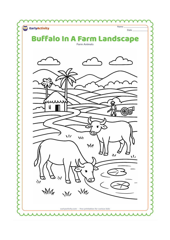 Colouring page: Draw two buffaloes in a broad Indian countryside scene, one grazing and one standing near a pond. Include terraced fields, a thatched hut, palm trees, a farmer, a cart and distant hills.