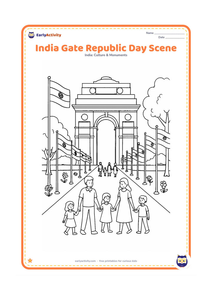 Colouring page: Show India Gate decorated with rows of Indian flags, families walking along the avenue and trees framing the monument. Include flags on poles and a few simple flower arrangements, with…