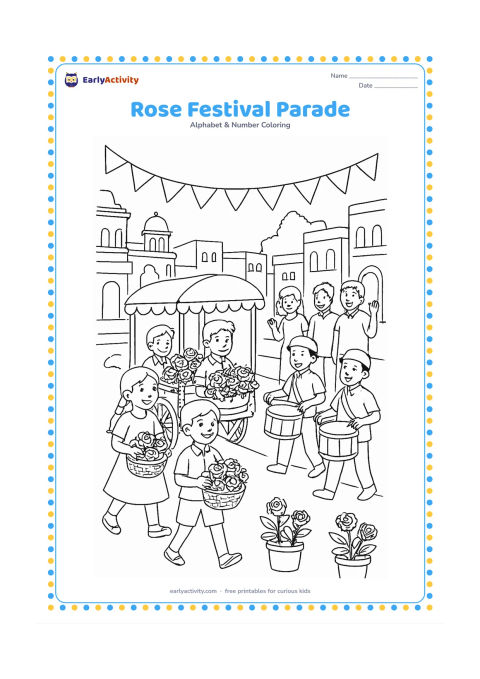 Colouring page: Draw a cheerful community parade with children carrying baskets of roses, a decorated handcart, musicians with drums, bunting without writing and spectators along a street. Include…