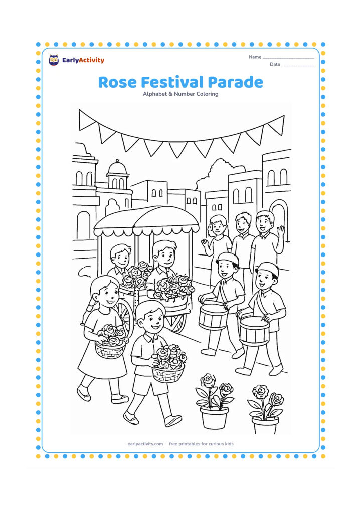 Colouring page: Draw a cheerful community parade with children carrying baskets of roses, a decorated handcart, musicians with drums, bunting without writing and spectators along a street. Include…