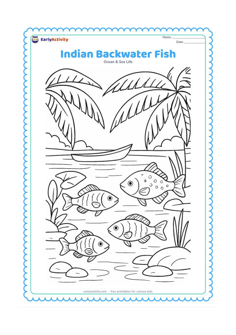 Colouring page: Draw several freshwater fish swimming through an Indian backwater scene with coconut fronds above the surface, a small canoe, broad aquatic leaves, reeds, stones and reflected ripples.…