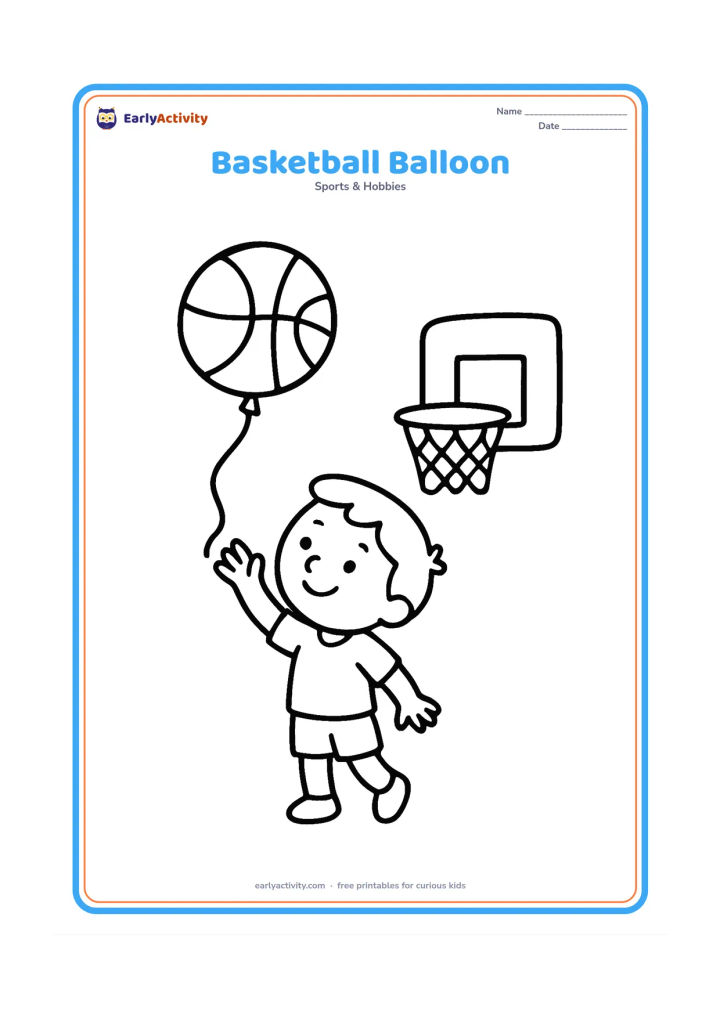 Colouring page: A child reaches toward a basketball-shaped balloon floating above a simple hoop, with a curved string ending near the child's hand. The ball must still show basketball panel lines.