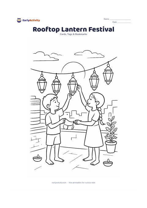Worksheet: Draw two siblings on an Indian rooftop hanging a row of lanterns from a clothesline at sunset. Include water tanks, distant rooftops, potted plants, a low parapet and several safe floor…