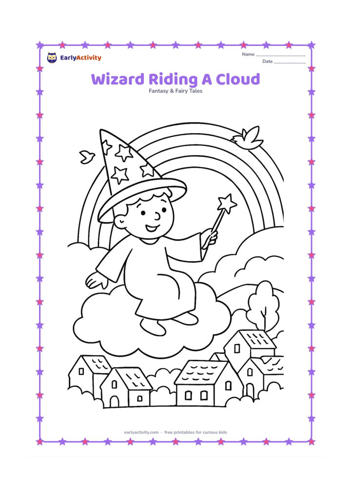 Colouring page: A smiling wizard rides a puffy cloud over a village scene with tiled rooftops, trees and a distant hill. The wizard holds a wand toward a rainbow made of wide bands, with birds flying…