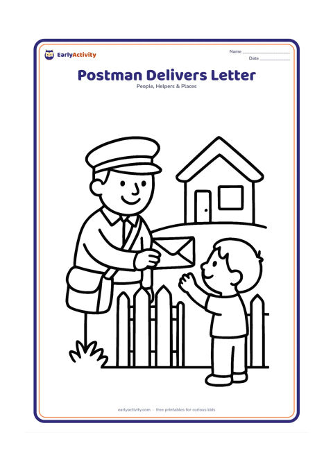 Colouring page: A smiling postman hands a single envelope to a child at a front gate. Include a simple house, small garden, delivery bag and open space around the figures.