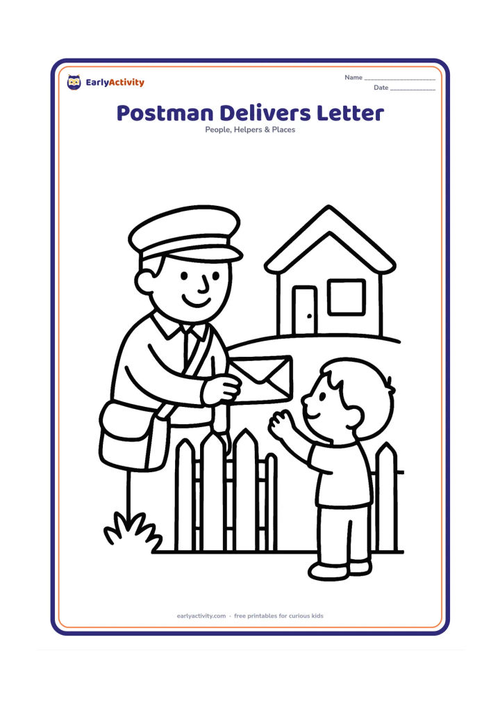Colouring page: A smiling postman hands a single envelope to a child at a front gate. Include a simple house, small garden, delivery bag and open space around the figures.