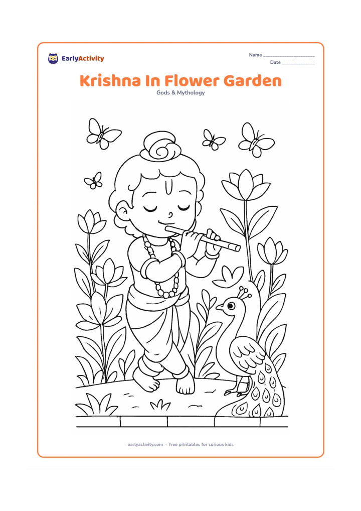 Colouring page: Baby Krishna plays his flute in a garden filled with large lotus-like flowers, leafy plants and a peacock standing nearby. Include a low garden border and a few butterflies.