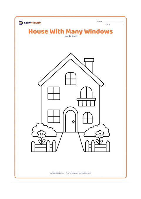 Worksheet: Draw a two-storey house with a sloping roof, a central door, four differently shaped windows and a small balcony. Include a short front path, two flower beds and a low fence.