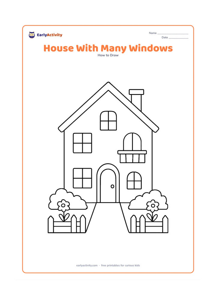 Worksheet: Draw a two-storey house with a sloping roof, a central door, four differently shaped windows and a small balcony. Include a short front path, two flower beds and a low fence.