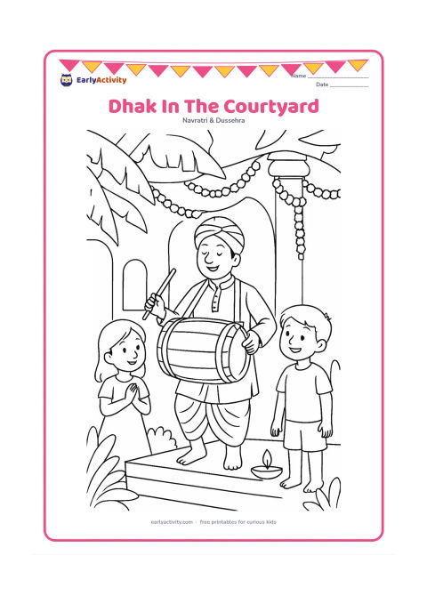 Colouring page: A traditional dhaki musician plays a large dhak in a Puja courtyard while two children watch from nearby. Add banana leaves, flower garlands, a low platform, and a small diya.