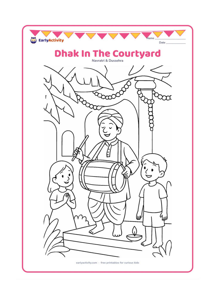 Colouring page: A traditional dhaki musician plays a large dhak in a Puja courtyard while two children watch from nearby. Add banana leaves, flower garlands, a low platform, and a small diya.