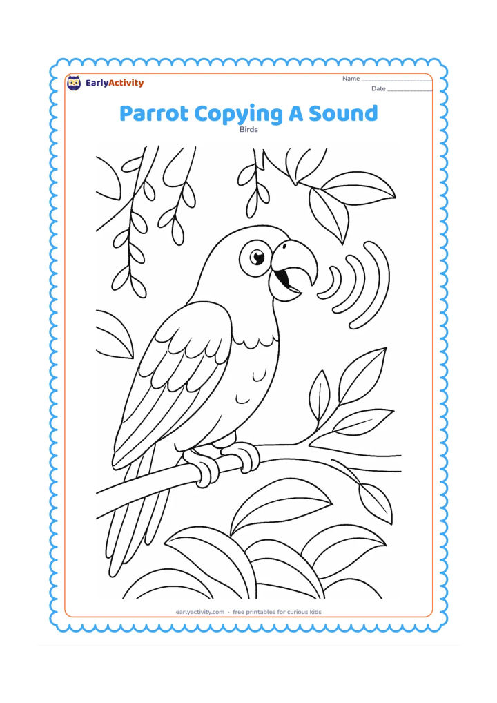Colouring page: Draw a parrot perched on a branch with curved decorative sound-wave shapes around its open beak, without using any letters, symbols, or words. Add layered leaves, a hanging vine, and a…