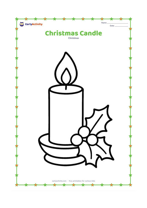 Colouring page: Draw a single wide Christmas candle in a holder, with a large flame, a simple holly sprig and a few rounded berries.