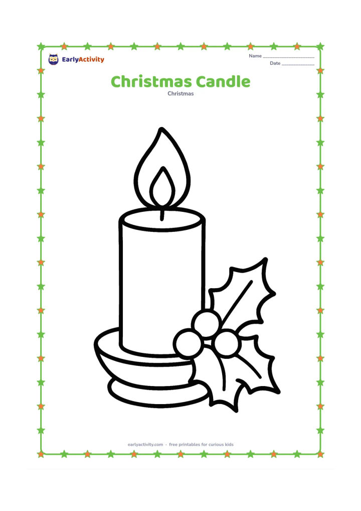Colouring page: Draw a single wide Christmas candle in a holder, with a large flame, a simple holly sprig and a few rounded berries.
