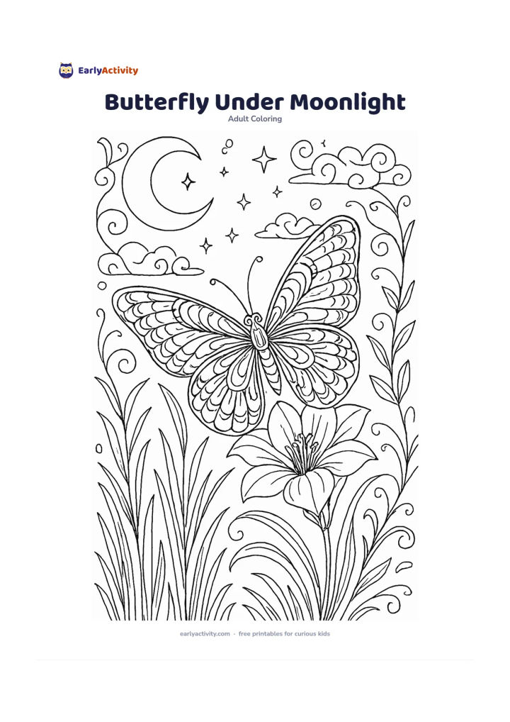 Colouring page: Draw a butterfly resting on a night-blooming flower beneath a crescent moon, with stars, wispy clouds, tall grasses, and curling vines around the scene. Fill the butterfly wings with…