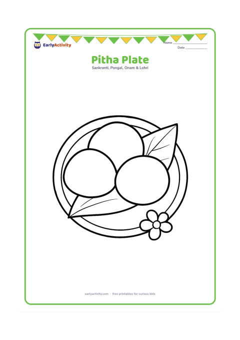 Colouring page: Draw a round plate holding three simple Assamese pitha rice cakes, with one banana leaf underneath and a small flower nearby. Show the cakes as large, varied rounded shapes.