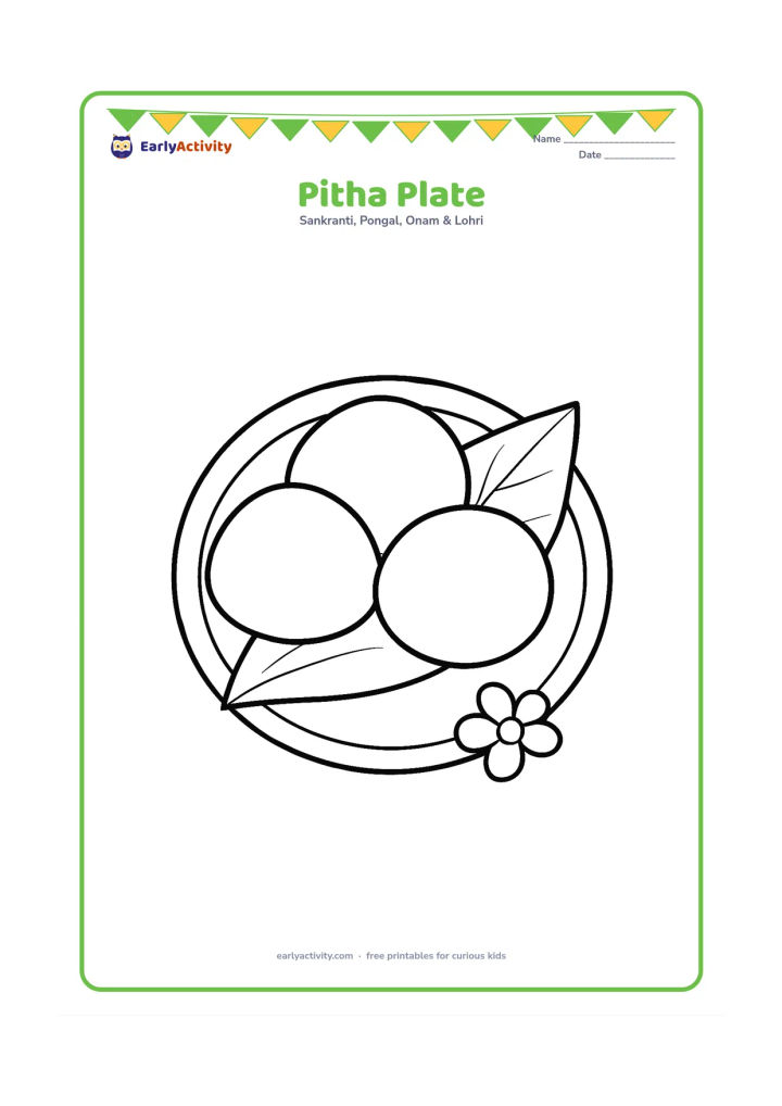 Colouring page: Draw a round plate holding three simple Assamese pitha rice cakes, with one banana leaf underneath and a small flower nearby. Show the cakes as large, varied rounded shapes.